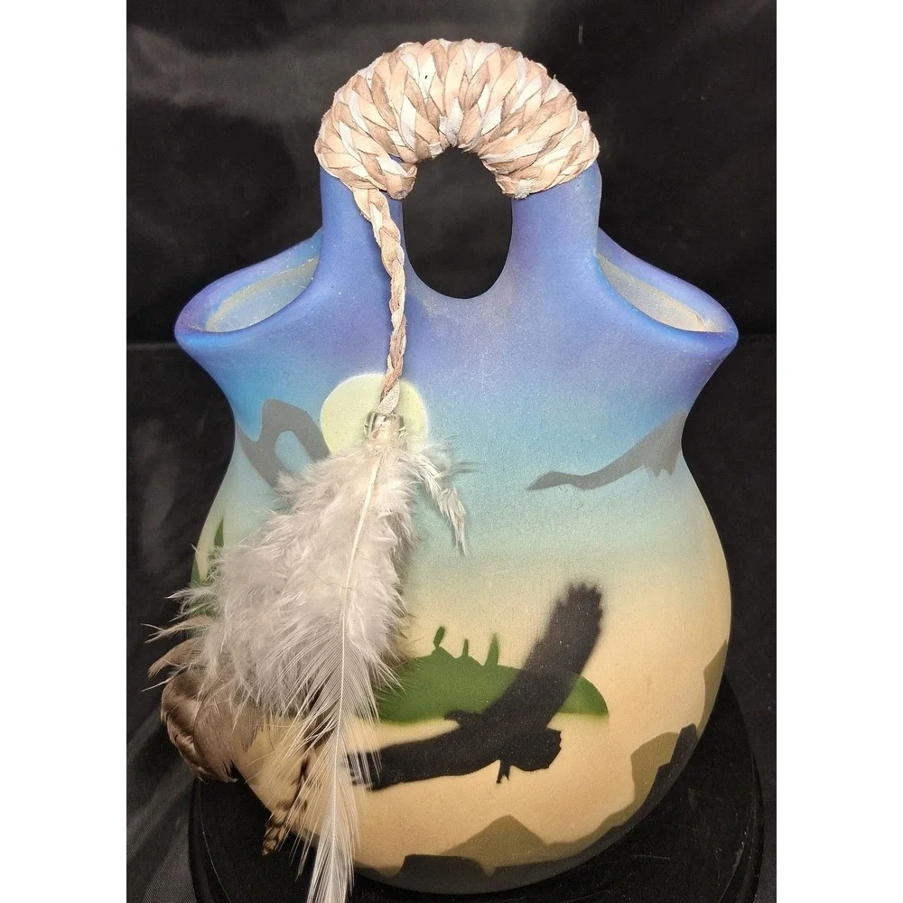 Southwestern Eagle Wedding Vase Ceramic Hand Painted Feather Accent Pottery 7.5